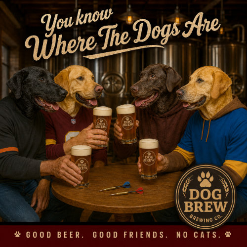 dog having a beer at a brewery
