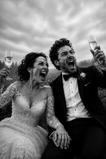 excited wedding couple